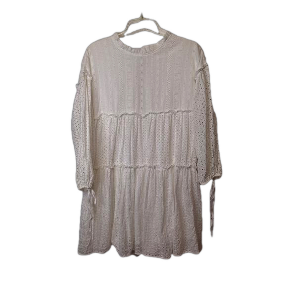Free The Roses Womens Eyelet Lace Tiered Dress Size M White Coquette Tie Sleeve